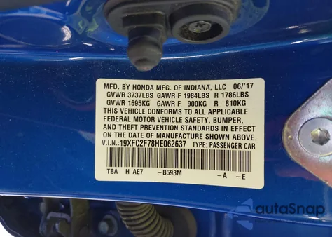 2017 Honda Civic Ex z USA, uszkodzony, nr VIN 19XFC2F78HE062637